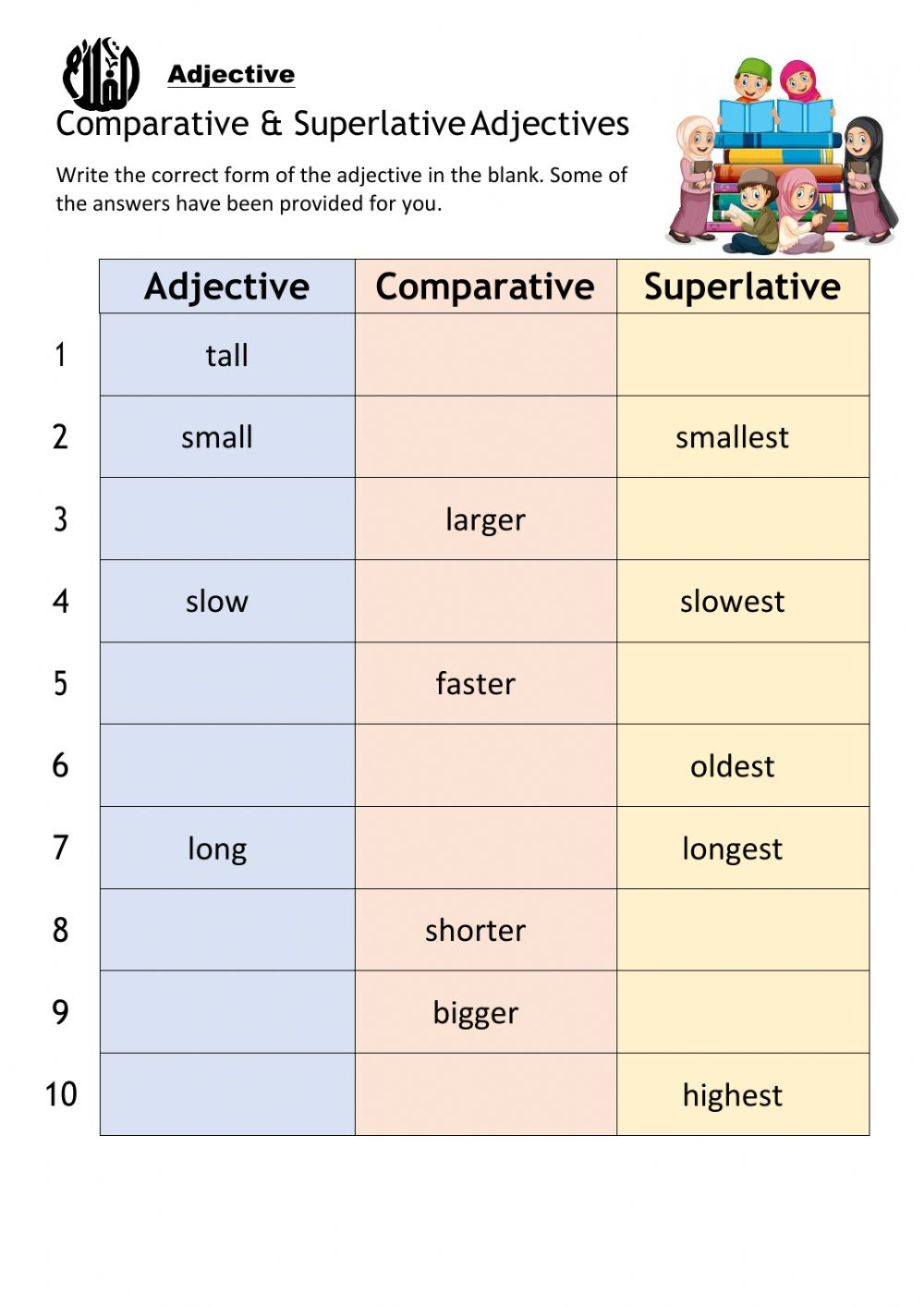 Adjective Comparative Superlative Worksheet Adjectiveworksheets Net