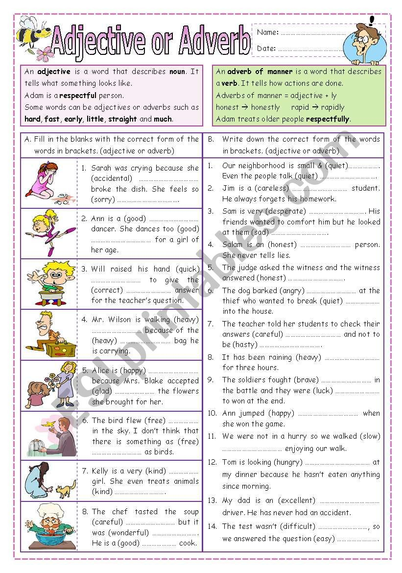 Adjective Or Adverb ESL Worksheet By Missola Adjectiveworksheets Net