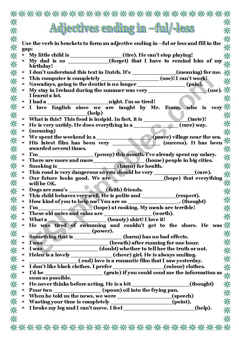 Adjectives Ending In Ful And Less Worksheet Adjectiveworksheets Net