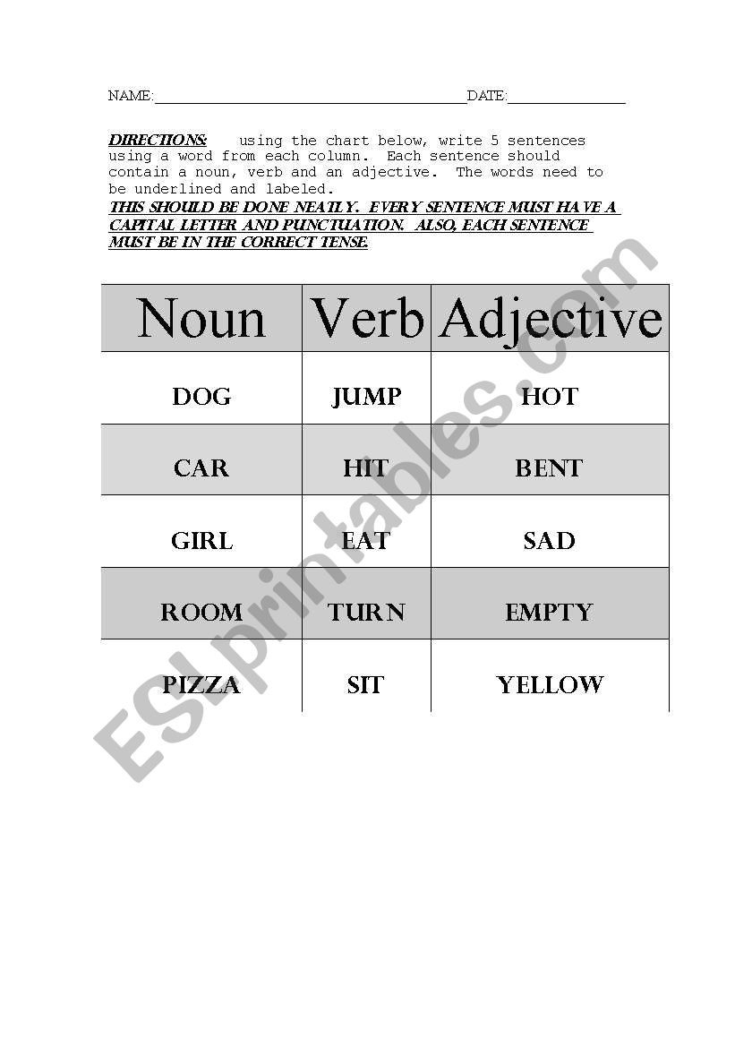 Noun Verb Sentences Worksheets Db Excel Adjectiveworksheets Net