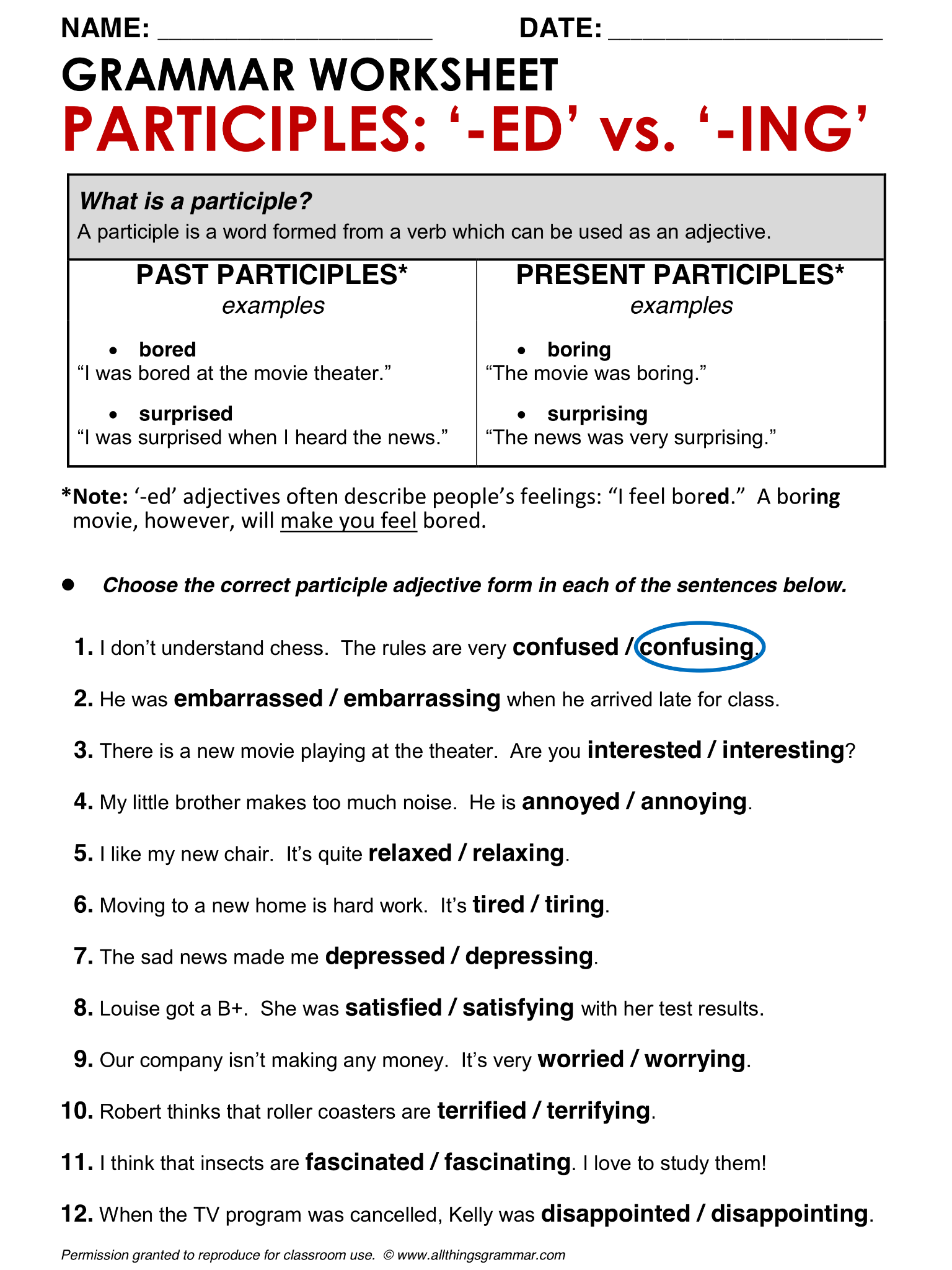 English Grammar Participle Adjectives Allthingsgrammar