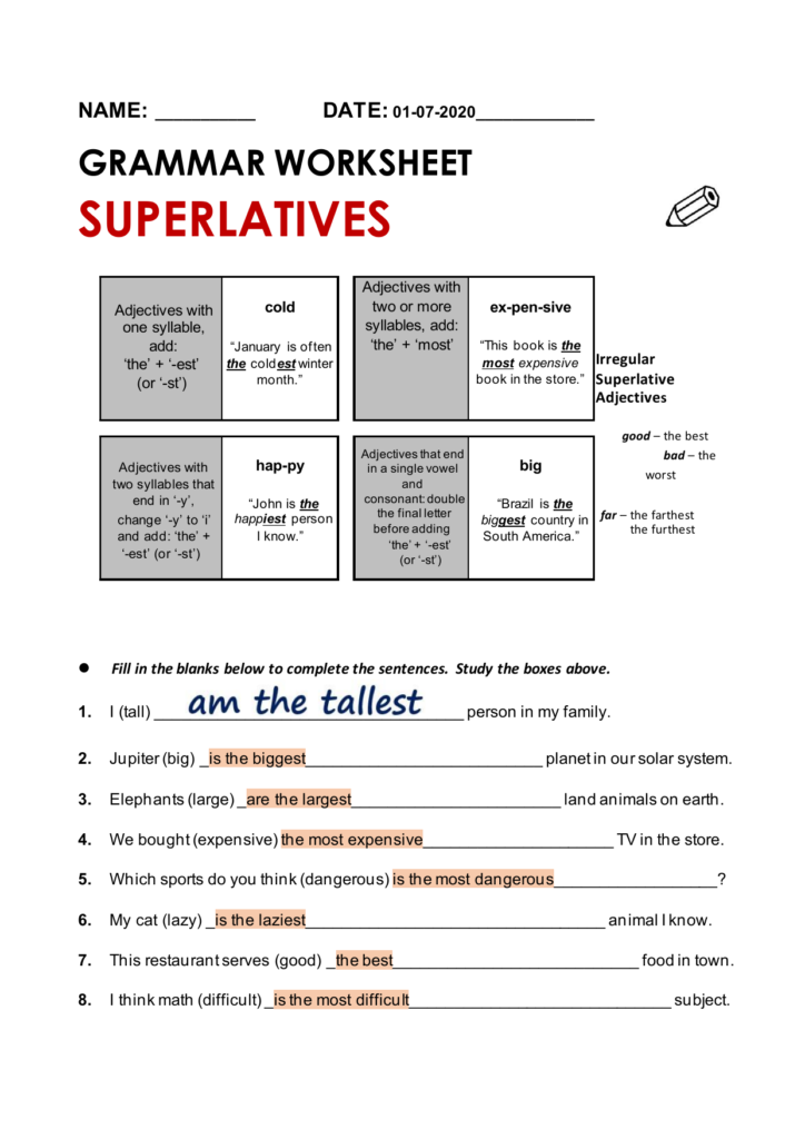 Introducing Superlative Adjective Worksheet Adjectiveworksheets Net
