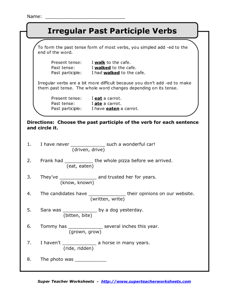 Spanish Past Participle As Adjective Worksheet - Adjectiveworksheets.net