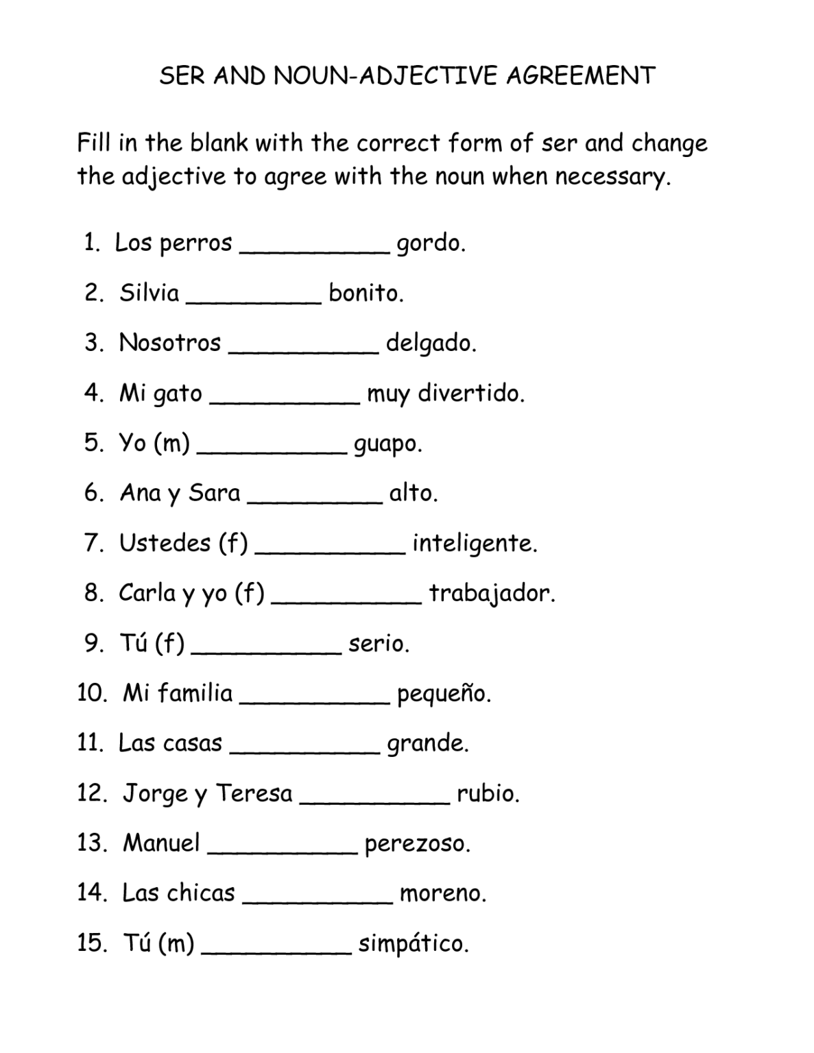 Agreement Of Adjectives Spanish Worksheet Answer Key