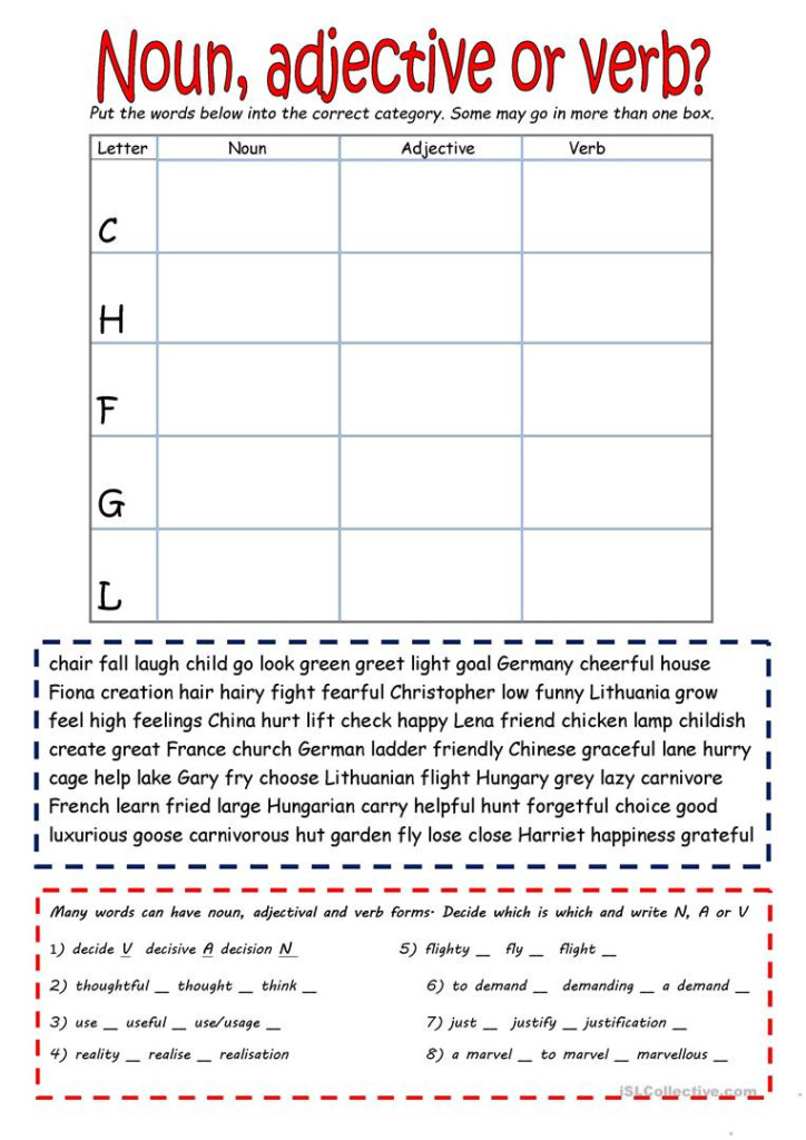 30 Nouns Verbs Adjectives Worksheet Education Template