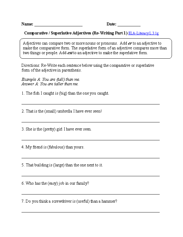 3rd Grade Common Core Language Worksheets Superlative Adjectives 