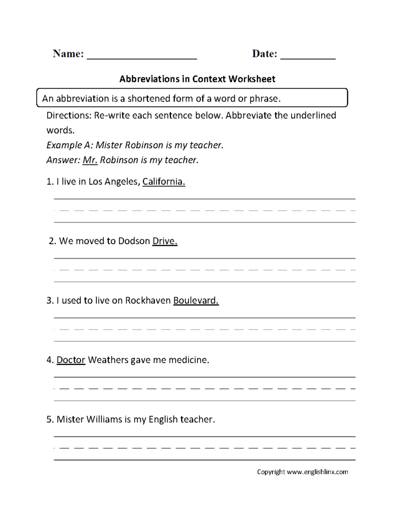 Abbreviations Worksheets Abbreviations In Context Worksheet