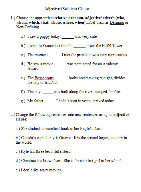 Adjective Clauses Worksheet