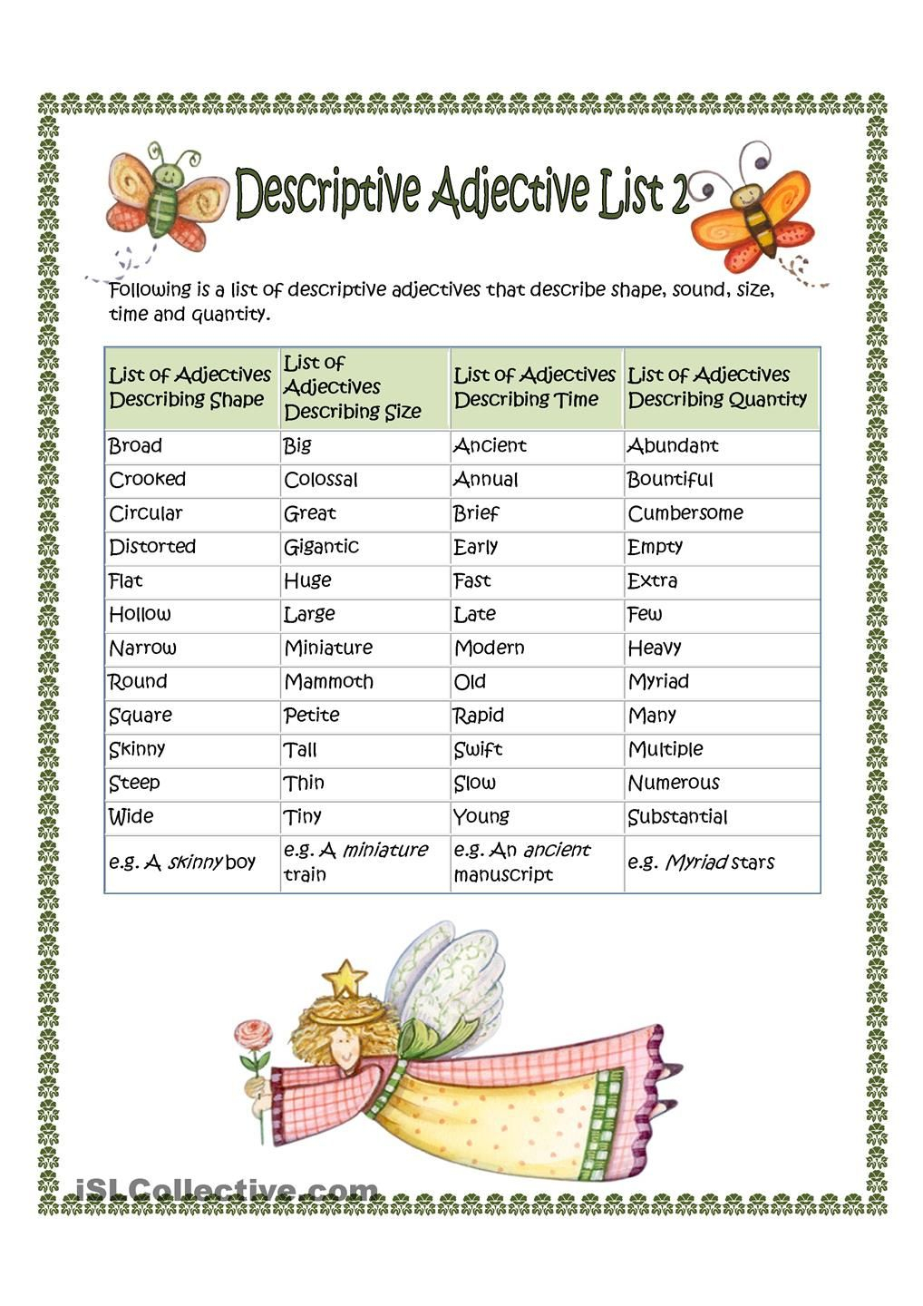 Adjective Describing Words Worksheet 207 FREE ESL Adjectives To