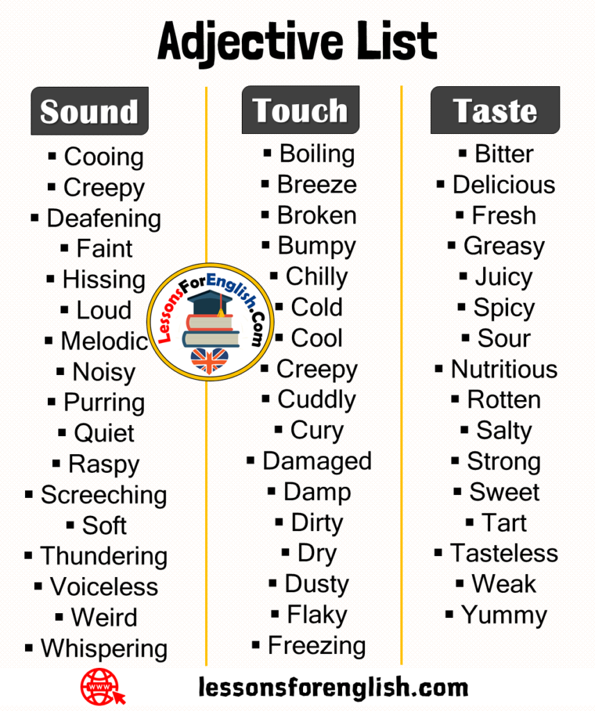 Adjective List Touch Sound And Taste Lessons For English