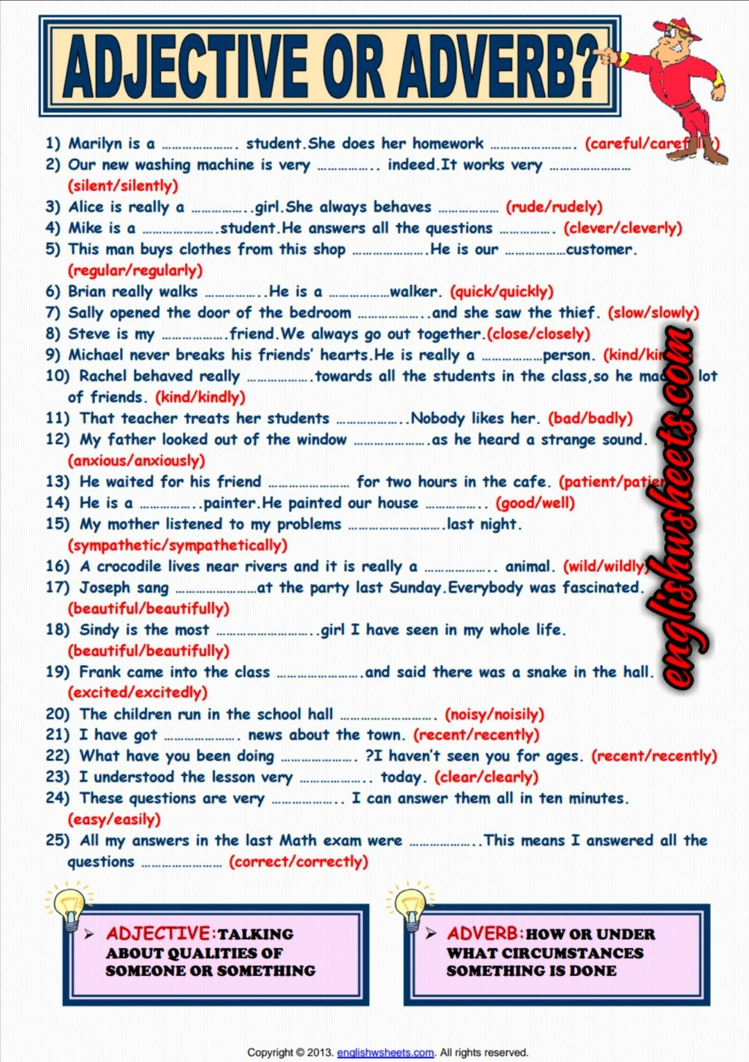 Adjective Or Adverb ESL Printable Grammar Quiz For Kids adjective