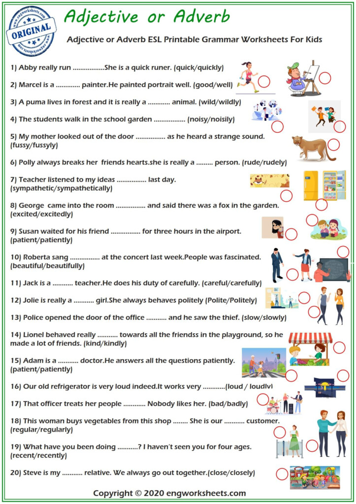  Adjective Or Adverb Esl Printable Grammar Worksheets For Kids Image 