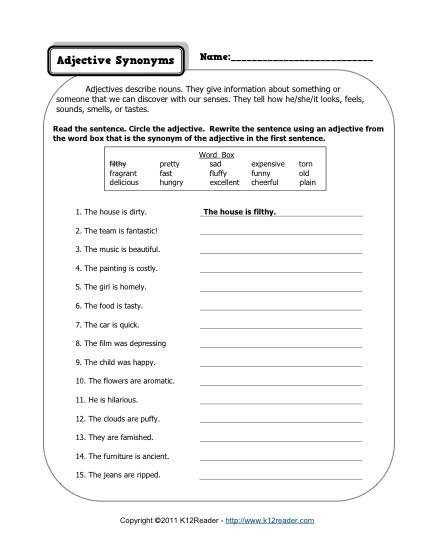 Adjective Worksheets For Middle School Worksheets Master