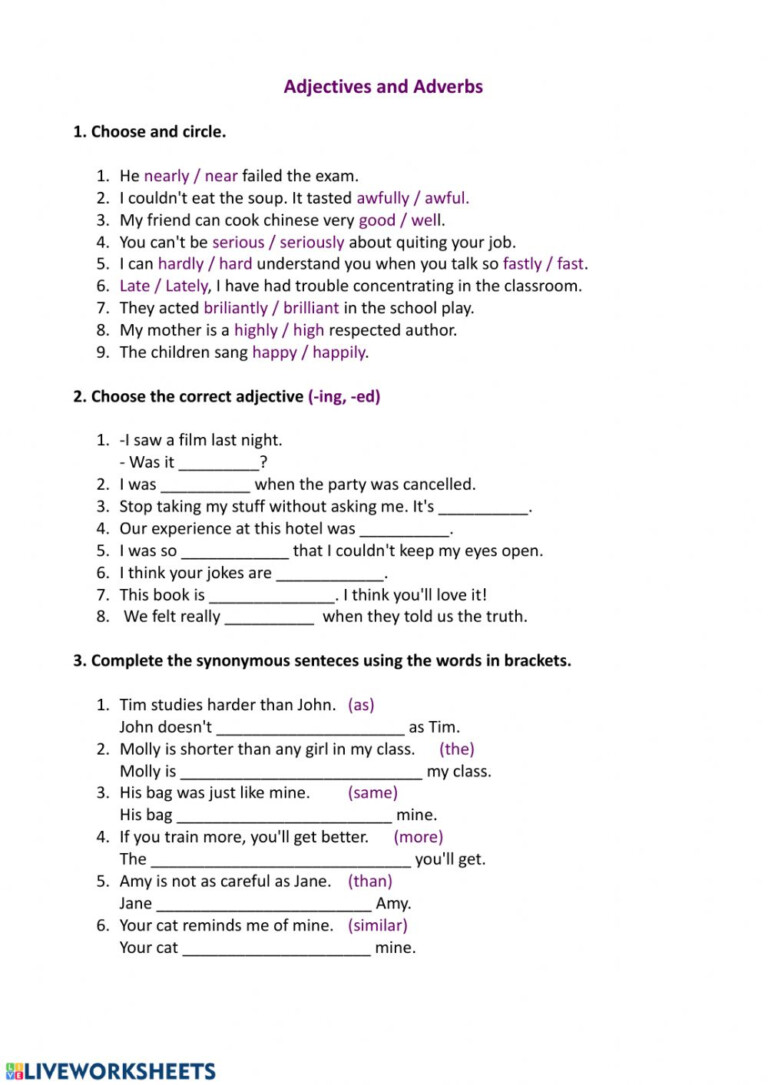 Adjectives And Adverbs Online Activity Adjectiveworksheets Net