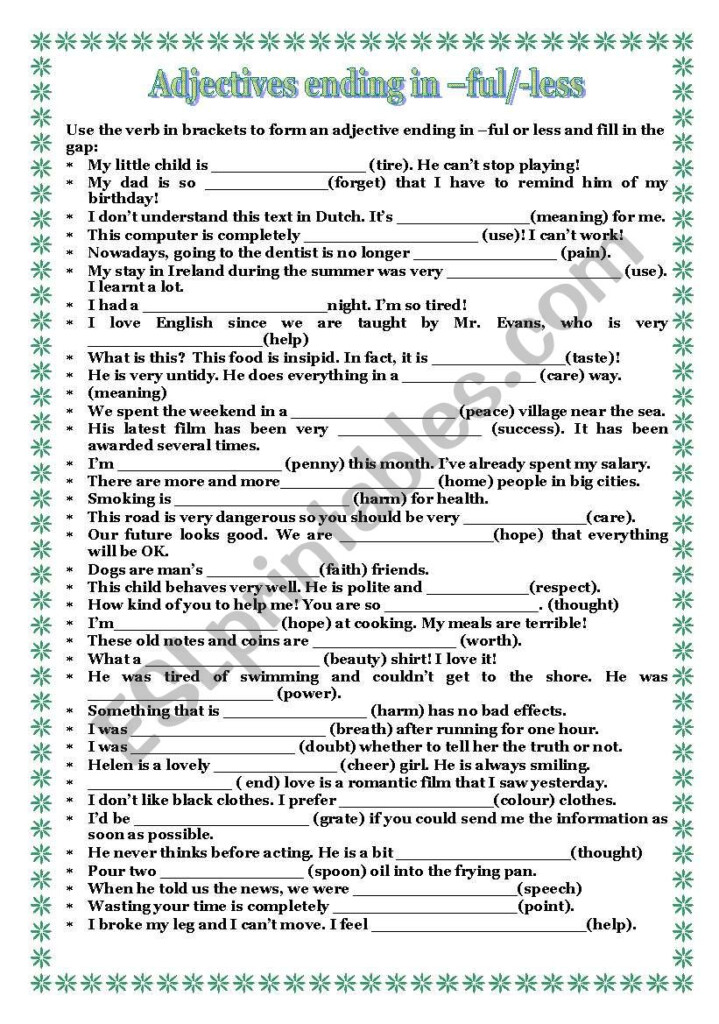 ADJECTIVES ENDING IN FUL AND LESS ESL Worksheet By LAMERCHE