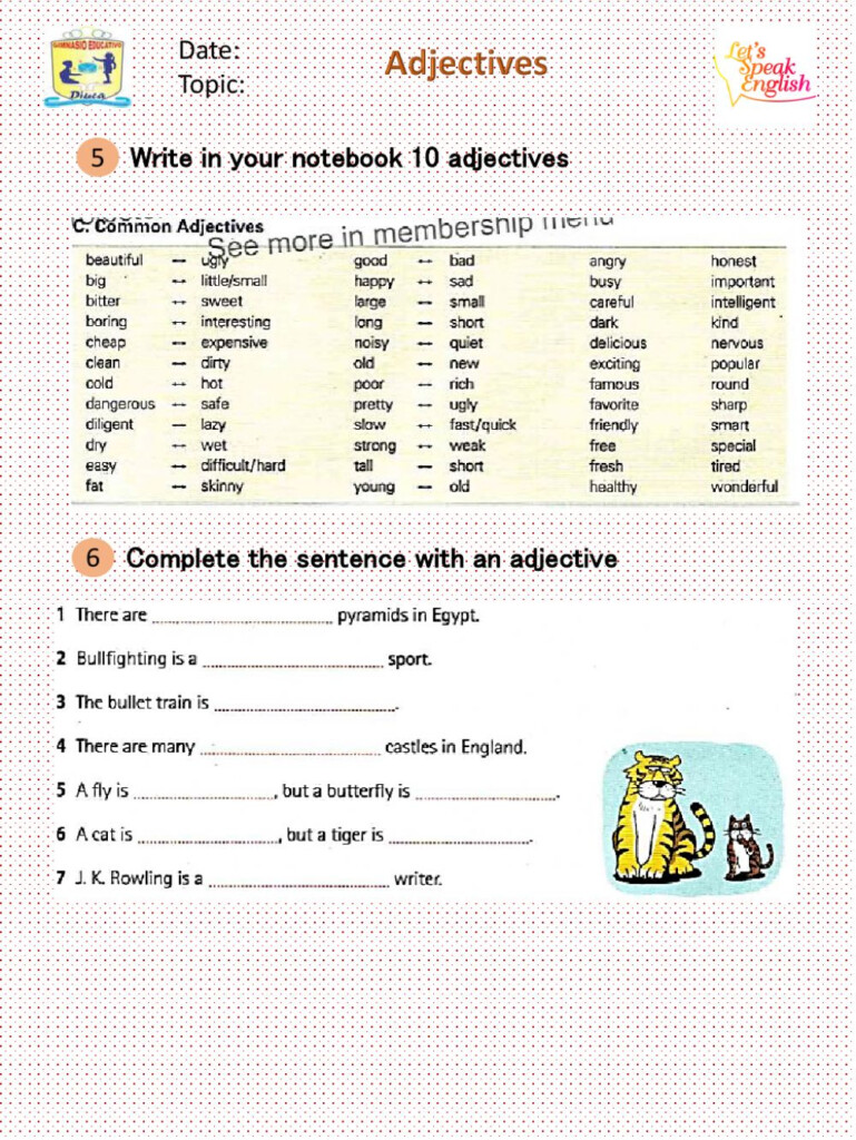 Adjective Order Worksheet With Answers Adjectiveworksheets Net