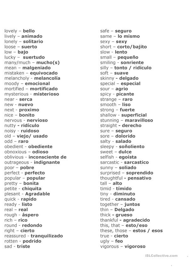 Adjectives In English And In Spanish English Adjectives Spanish 