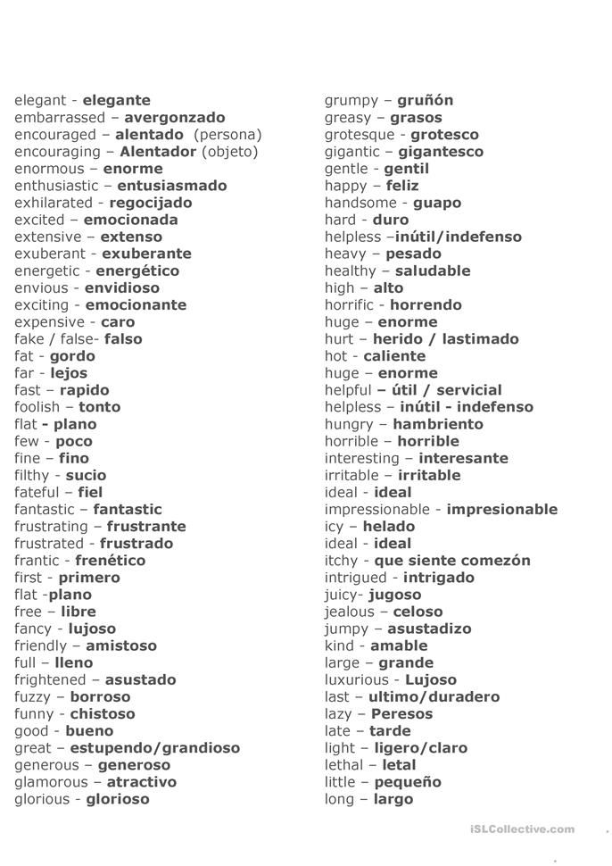 Adjectives In English And In Spanish Frases Comunes En Ingles