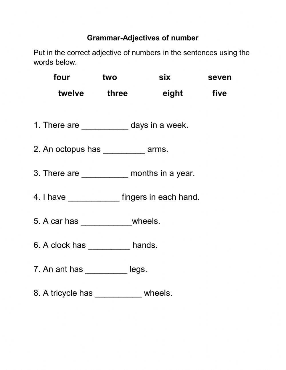 Adjectives For Numbers Worksheet Adjectiveworksheets
