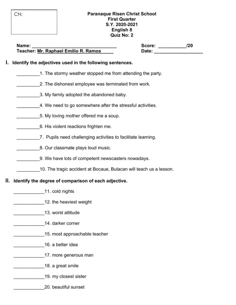 Adjectives Online Exercise For Grade 8