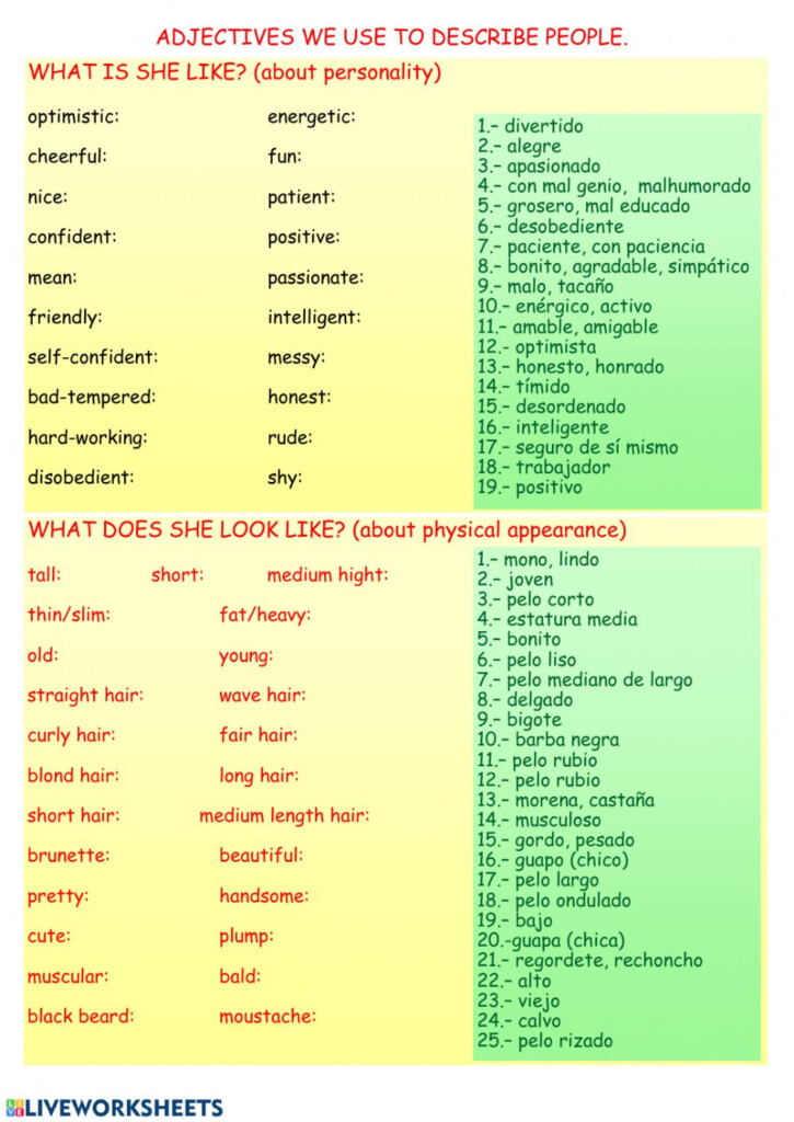 Adjectives To Describe People Worksheet