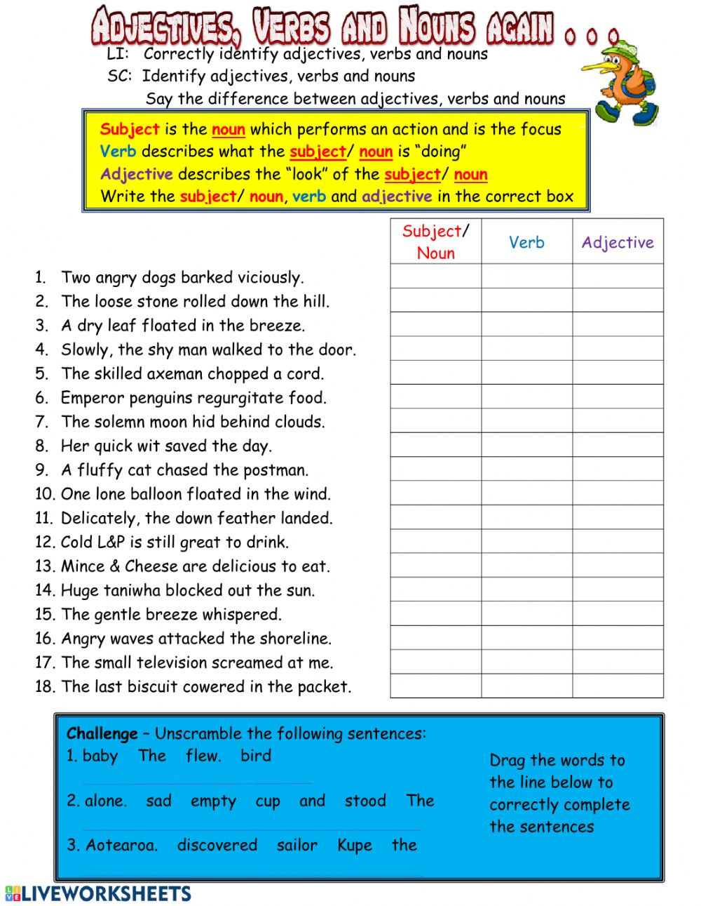 Adjectives Verbs And Nouns Again Worksheet