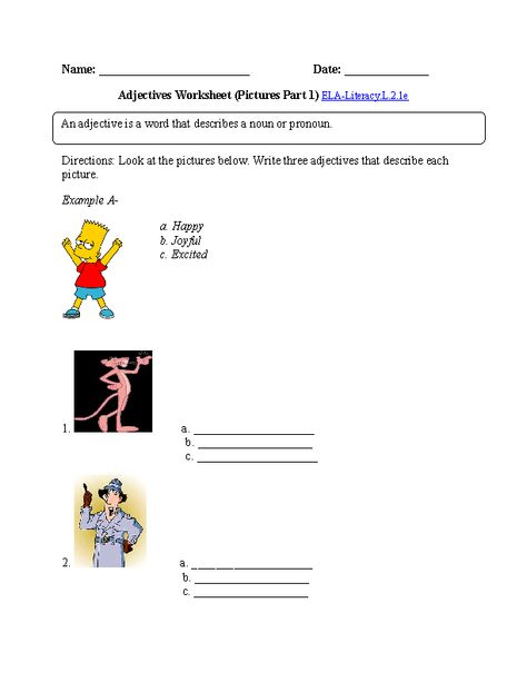 Adjectives Worksheet 1 ELA Literacy L 2 1e Language Worksheet