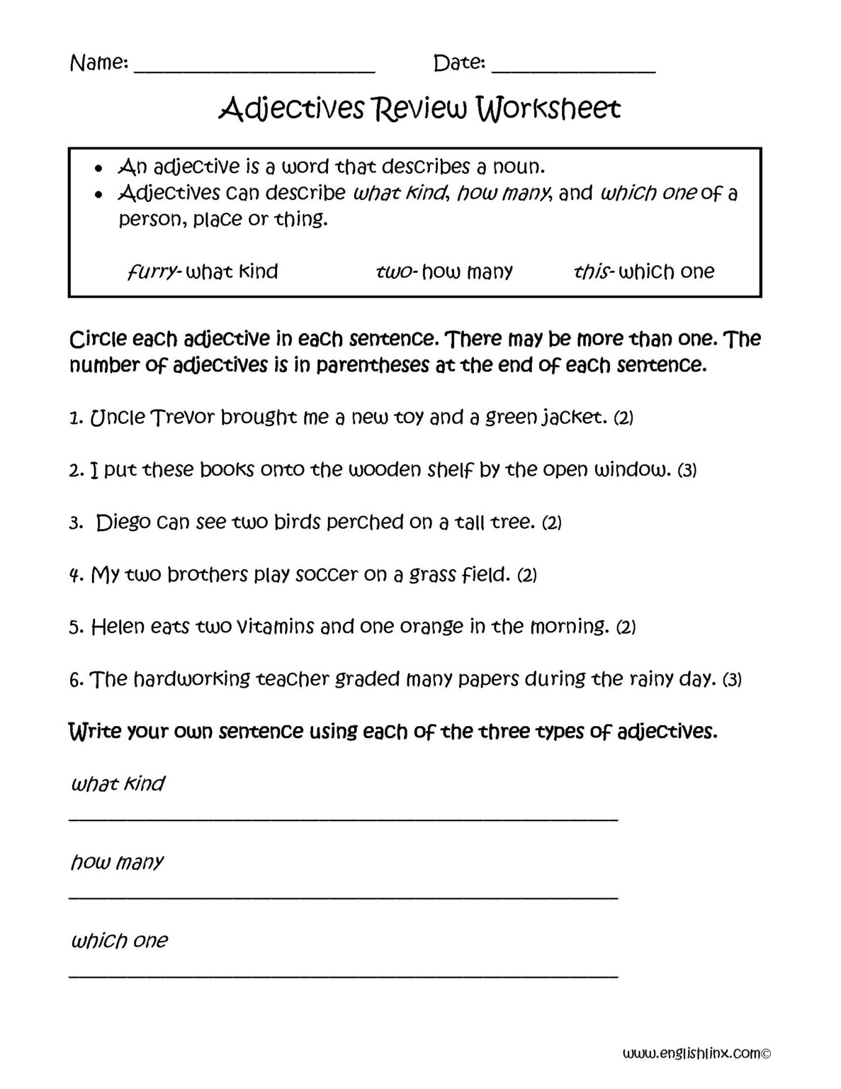 Limiting Adjectives Worksheets For Grade 5 With Answers