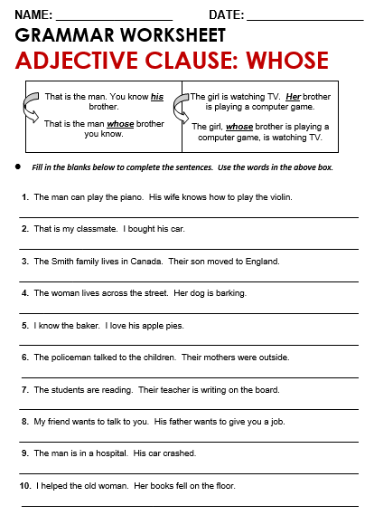 Attributive Clause Worksheet