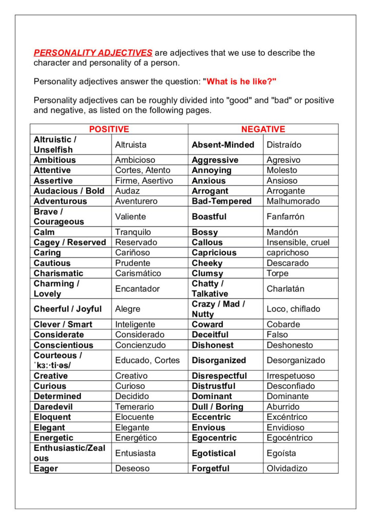 Calam o Personality Adjectives List