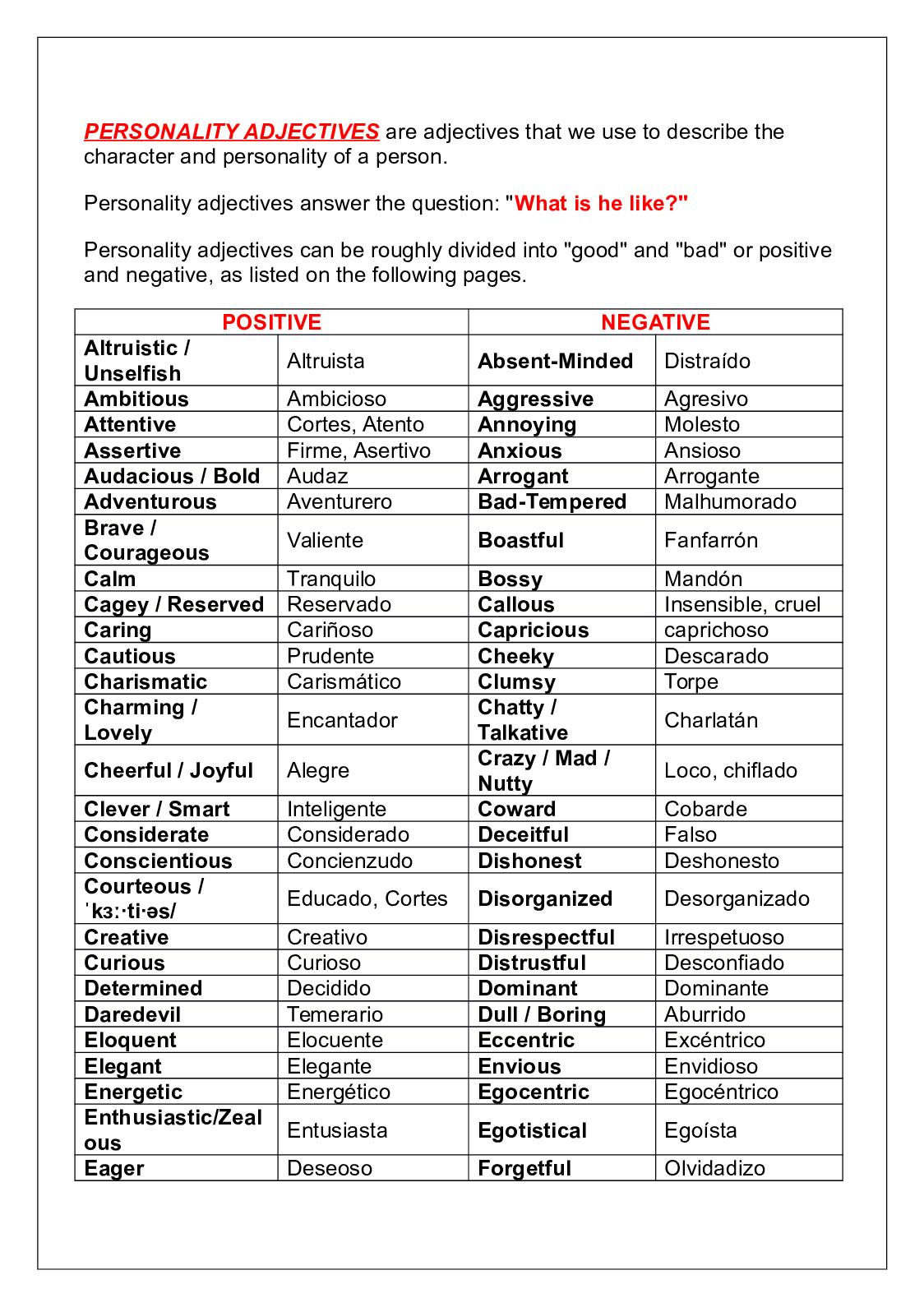 Calam o Personality Adjectives List