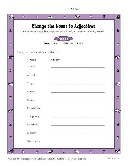 Change The Nouns To Adjectives Printable 3rd 4th Grade Nouns Activity