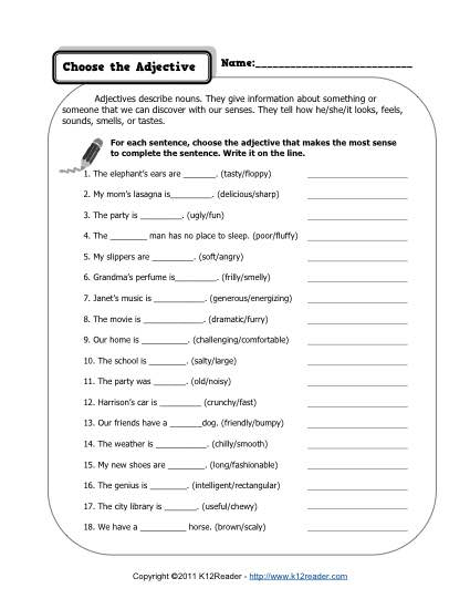 Choose The Adjective Free Worksheets Samples