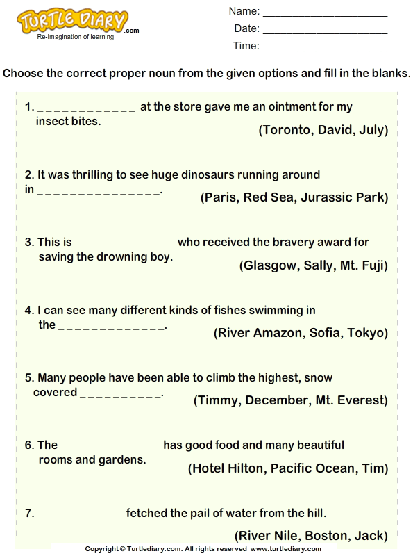 Choose The Correct Proper Noun And Fill In The Blanks Worksheet 