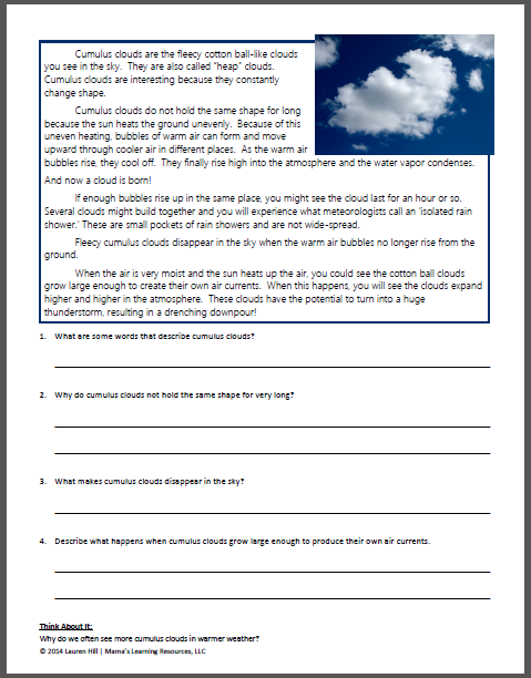 Clouds And The Water Cycle Worksheets Mamas Learning Corner