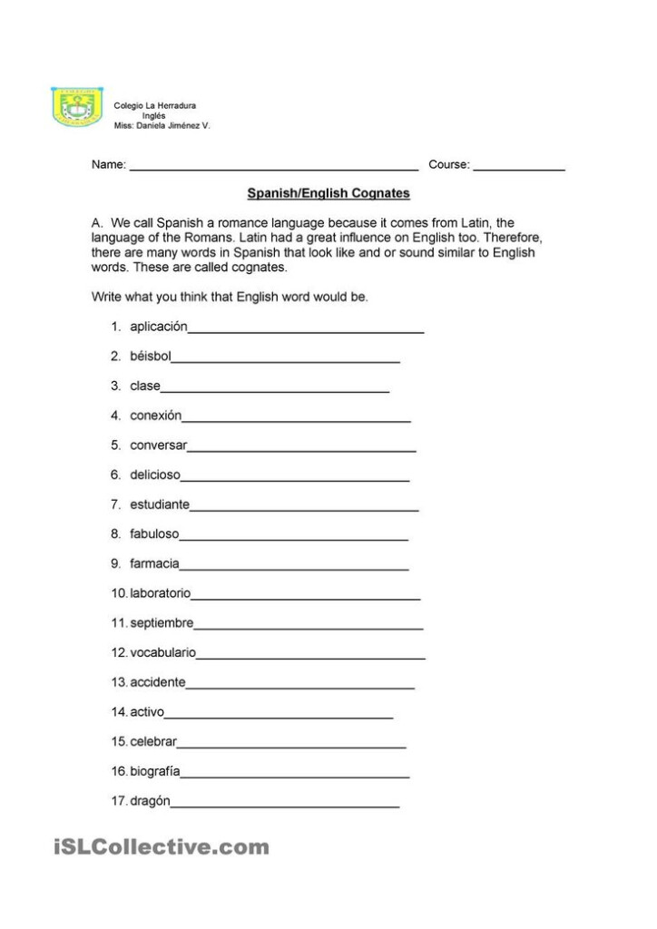 Cognates Worksheet Spanish Cognates Cognates Spanish Cognates 