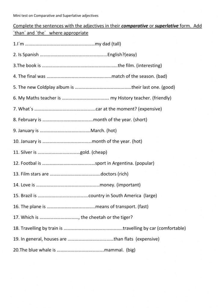 Comparative And Superlative Adjectives Activity For Elementary