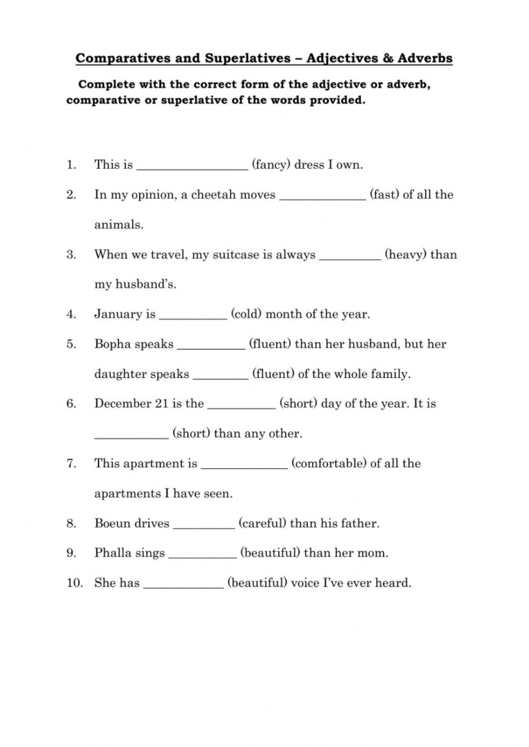 Comparative And Superlative Adjectives Worksheet Third Grade ...