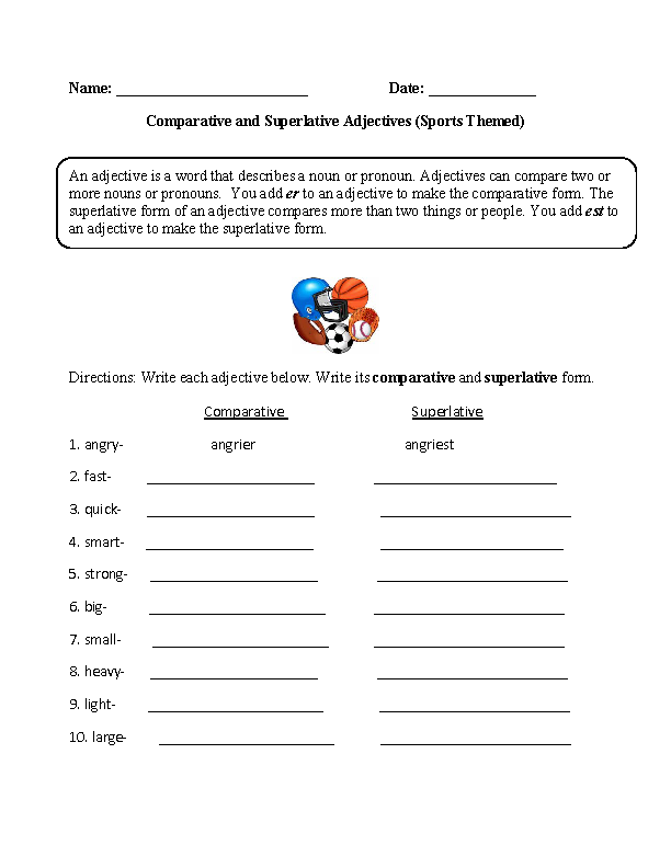 Comparative And Superlative Adjectives Worksheets Sports Themed 