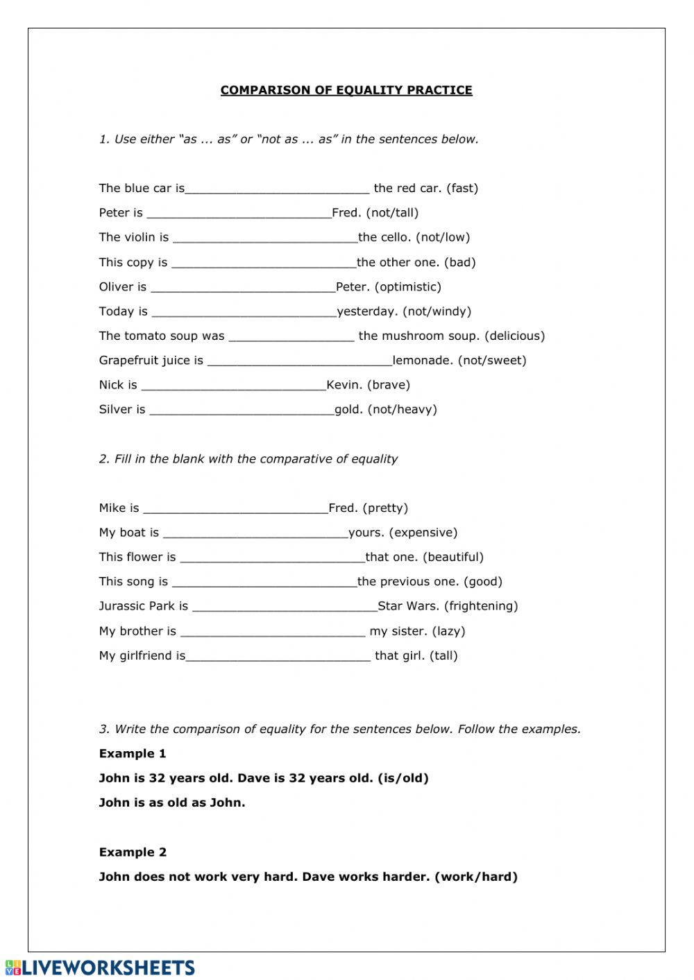 Comparative Of Equality Worksheet