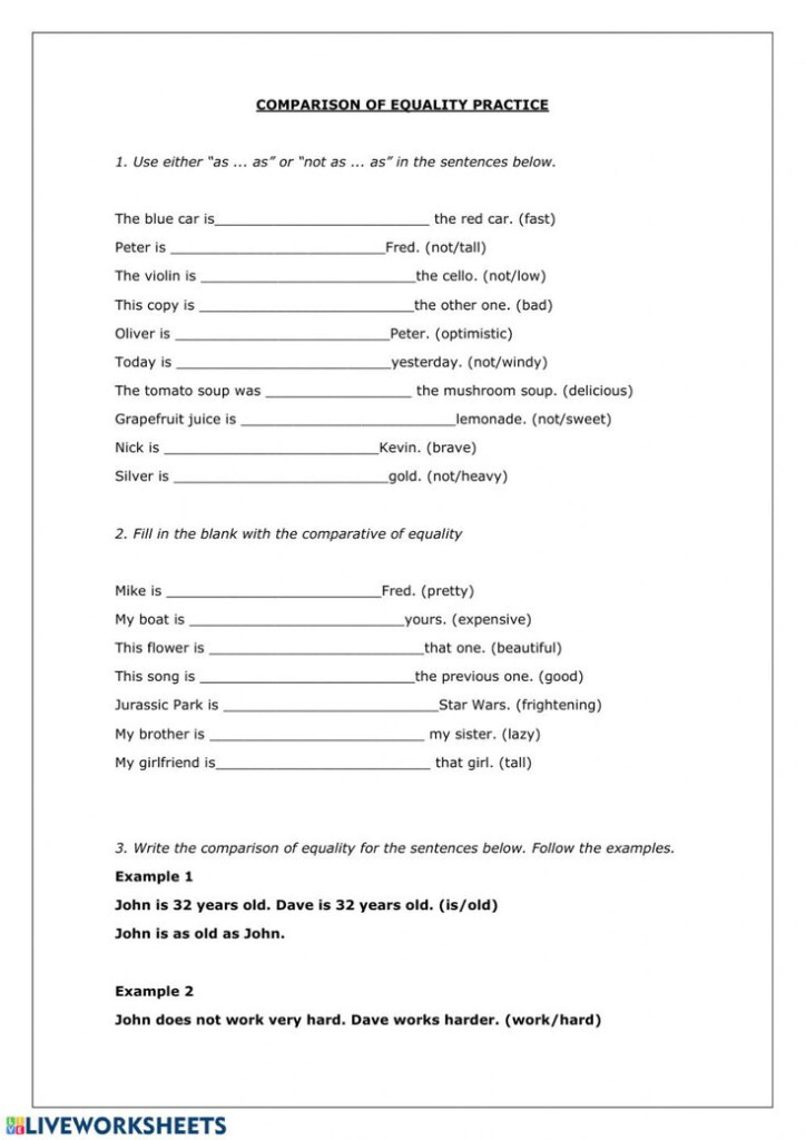 Comparative Of Equality Worksheet Comparative Adjectives Worksheet 