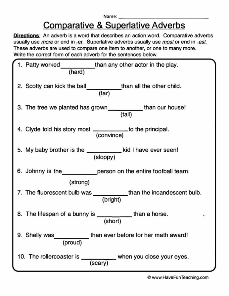 Comparative And Superlative Adjectives Worksheets For Third Grade