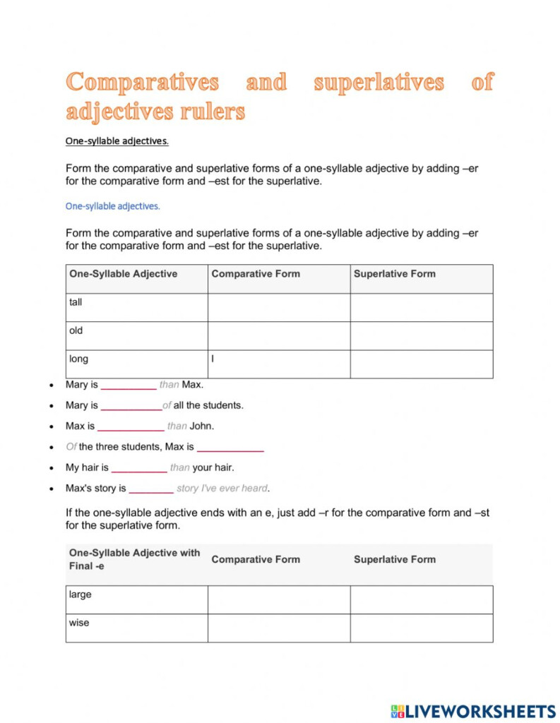 Comparatives And Superlatives Of Adjectives Rulers Worksheet