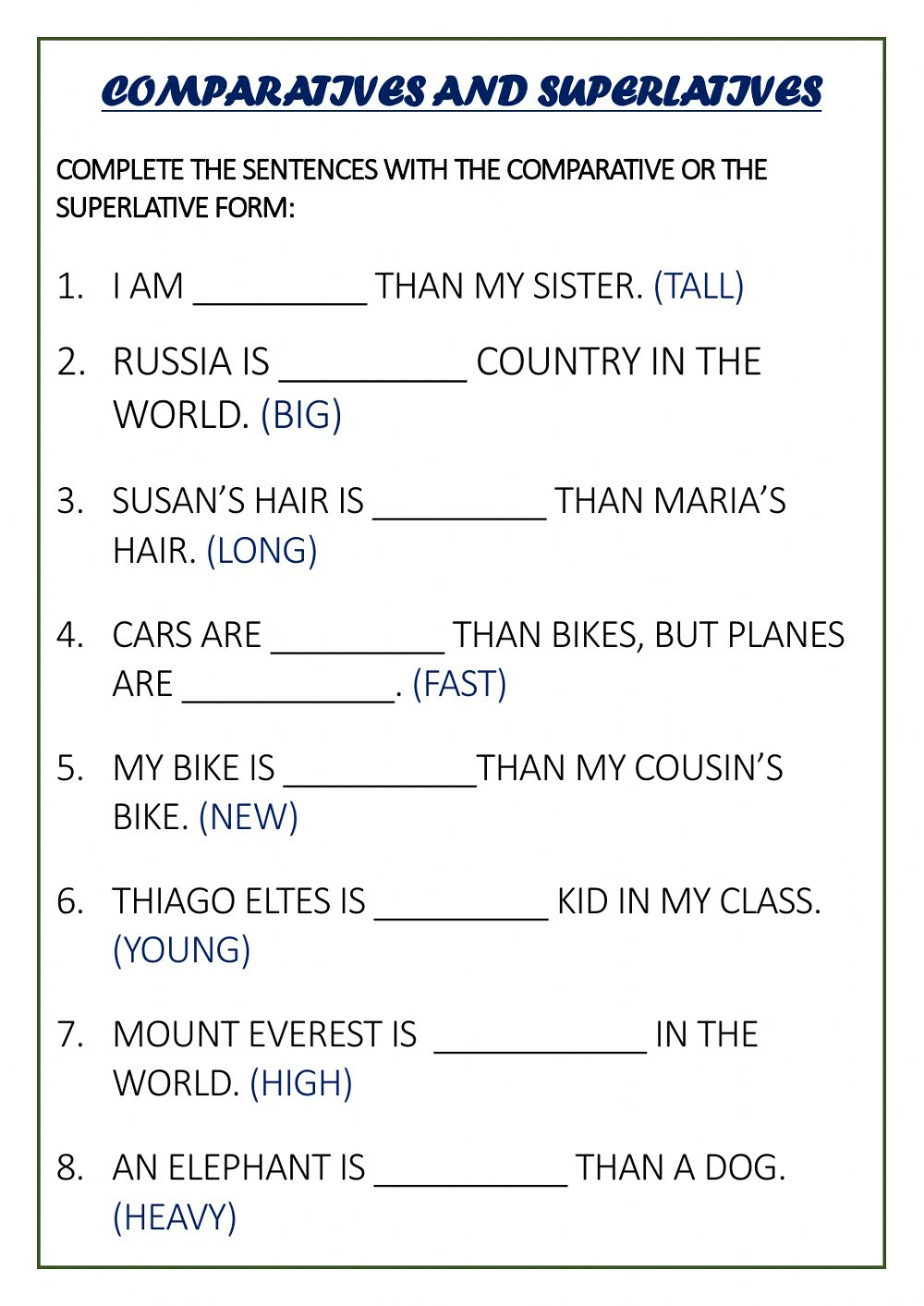 Comparatives And Superlatives Online Exercise For 4TH GRADE