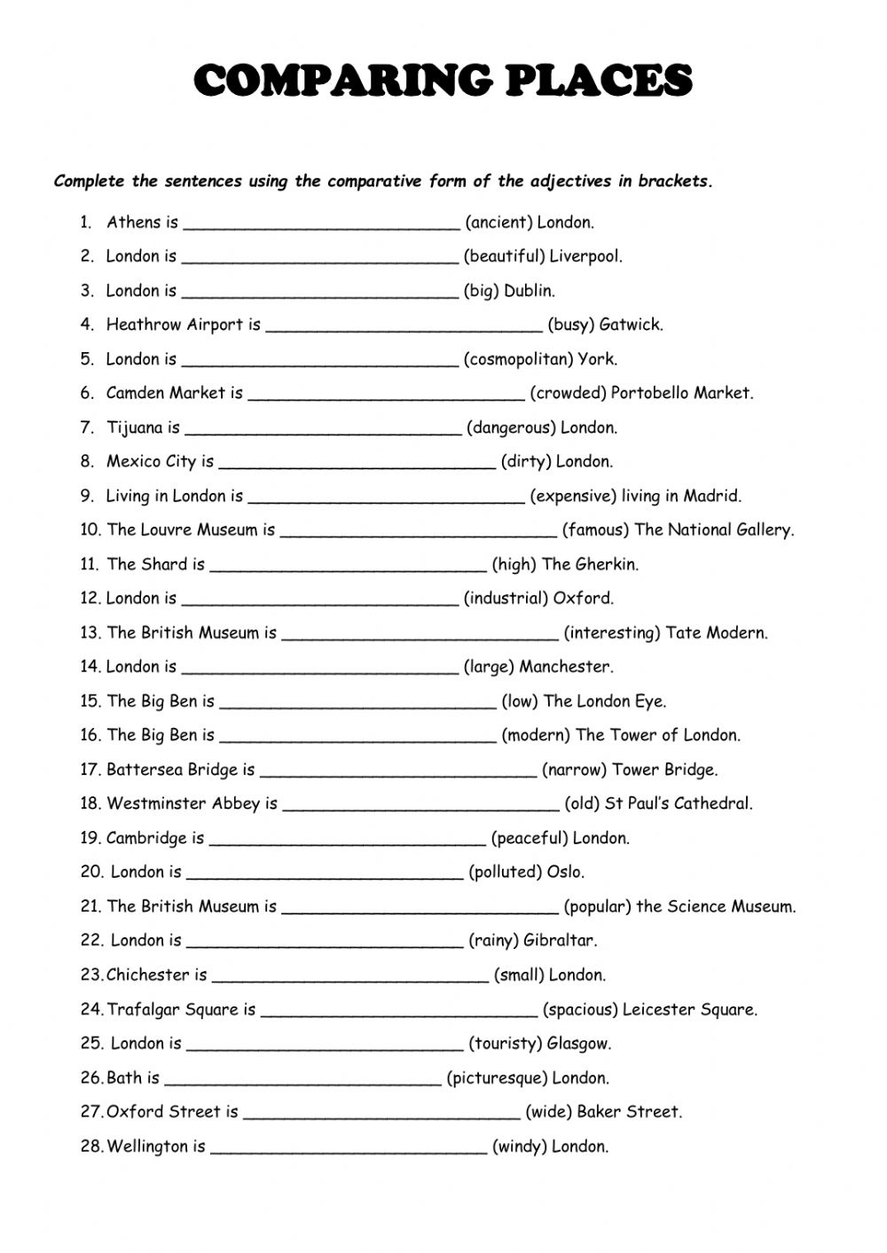 Comparing Places Comparatives Superlatives Worksheet