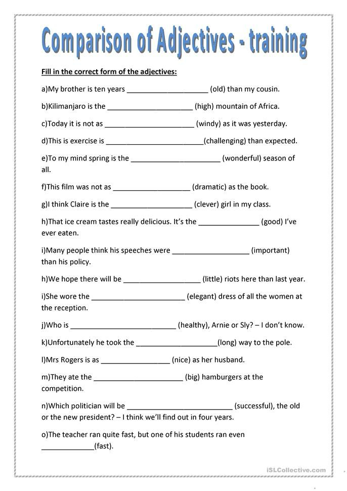 Comparison Adjectives Worksheets Printable