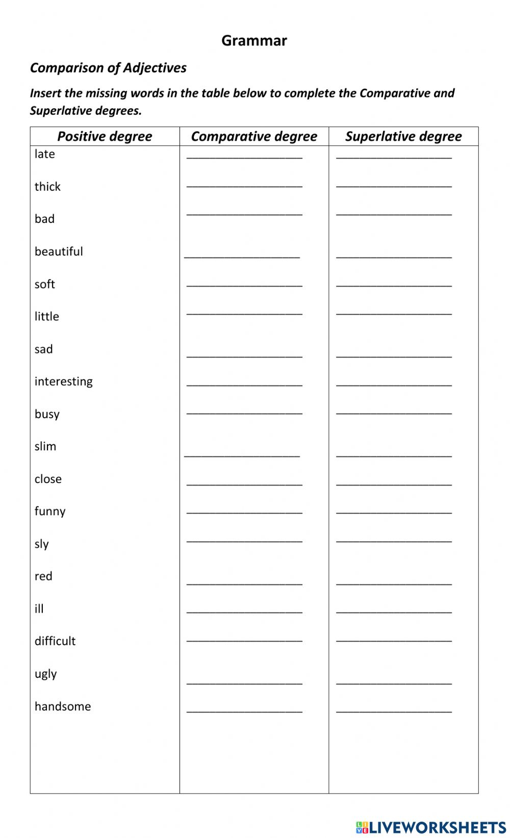 Comparison Of Adjectives Worksheet For Grade 4