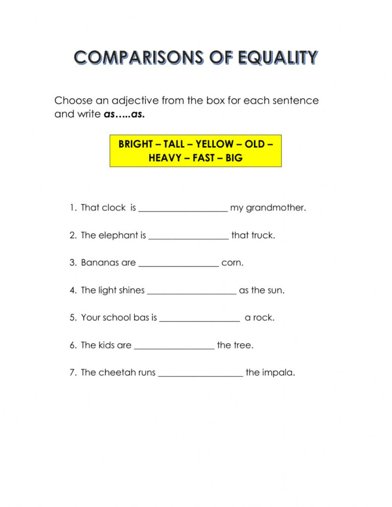 Comparisons Of Equality Worksheet