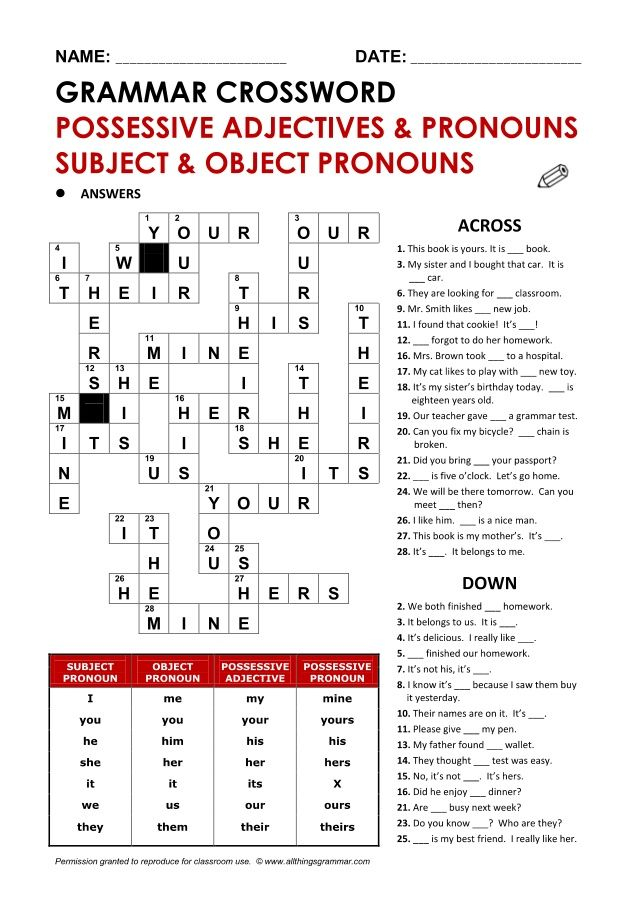 Crossword Crossword Possessive Adjectives Grammar Quiz
