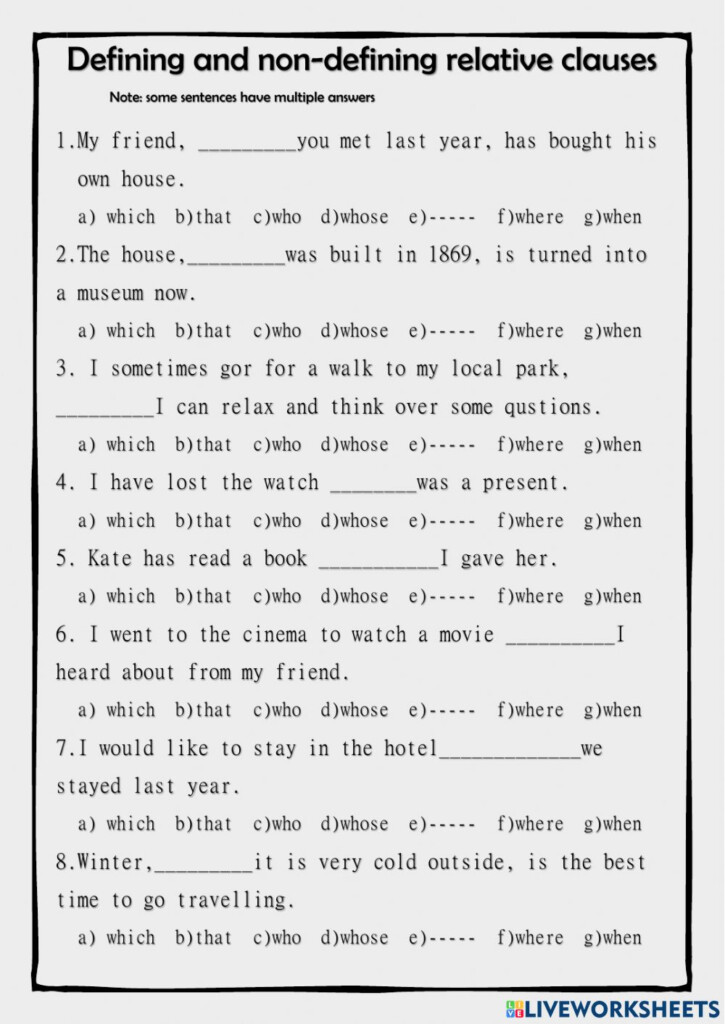 Defining And Non Defining Relative Clauses 2 Worksheet 